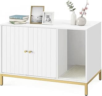 Feandrea Cat Litter Box Enclosure, Hidden Litter Box Furniture with Scratch Pad, Front Entry, Double Cabinet Doors, Modern Style, 31.5" Cat House Washroom Side End Table, White and Gold
