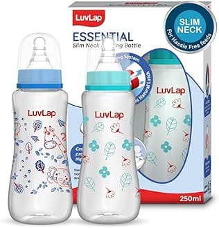 Anti-Colic Slim/Regular Neck Essential Baby Plastic Feeding Bottle, 250Ml (Pack of 2), New Born/Infants/Toddler Upto 3 Years, Jungle Tales & Wild Flowers, BPA Free,Blue