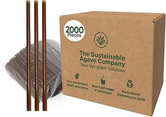 Sustainable Agave Co - Agave Fiber Unwrapped Drinking Straws - 2000 Count - Biodegradable, Plant-Based, Made With Upcycled Materials, Reusable - Brown, Jumbo, 8"