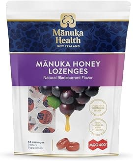Manuka Honey Throat Lozenges - Blackcurrant Flavored Lozenges, 58-Count - Cough Drops Infused with Raw Manuka Honey & Vitamin C for Immune Support