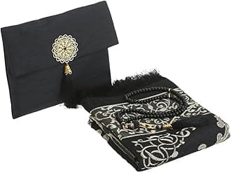 Prien Muslim Prayer Rug with Tasbih and Portable Bag, Muslim Gift for Women Men, Mubarak Islamic Box, Soft Mat Islam Gifts Set, Turkish Sajadah for Ramadan, Eid, Hajj, Travel, Pray (Black)