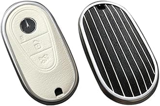 Compatible with Mercedes Benz Key case Key fob Cover Real Wood Veneer Genuine Leather Key Fob Shell Gift C GLC E S ect 2022-2023-newer (Beaufort Oak, White Leather)
