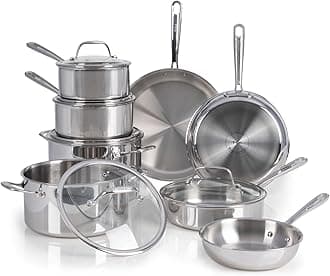 T-fal Pro Tri-Ply Stainless Steel Cookware Set 13 Piece Induction Compatible, Oven Safe 500F, Lids 350F, Fast & Even Heat, Pots and Pans Set, Professional Quality, Kitchen Essentials, Silver