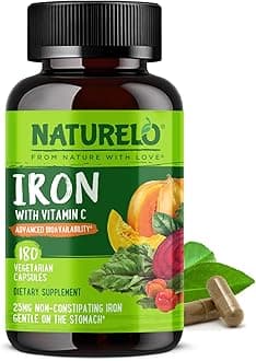 NATURELO Vegan Iron Supplement with Vitamin C and Organic Whole Foods - Gentle Iron Pills for Women & Men with Iron Deficiency Including Pregnancy, Anemia and Vegan Diets - 180 Mini Capsules