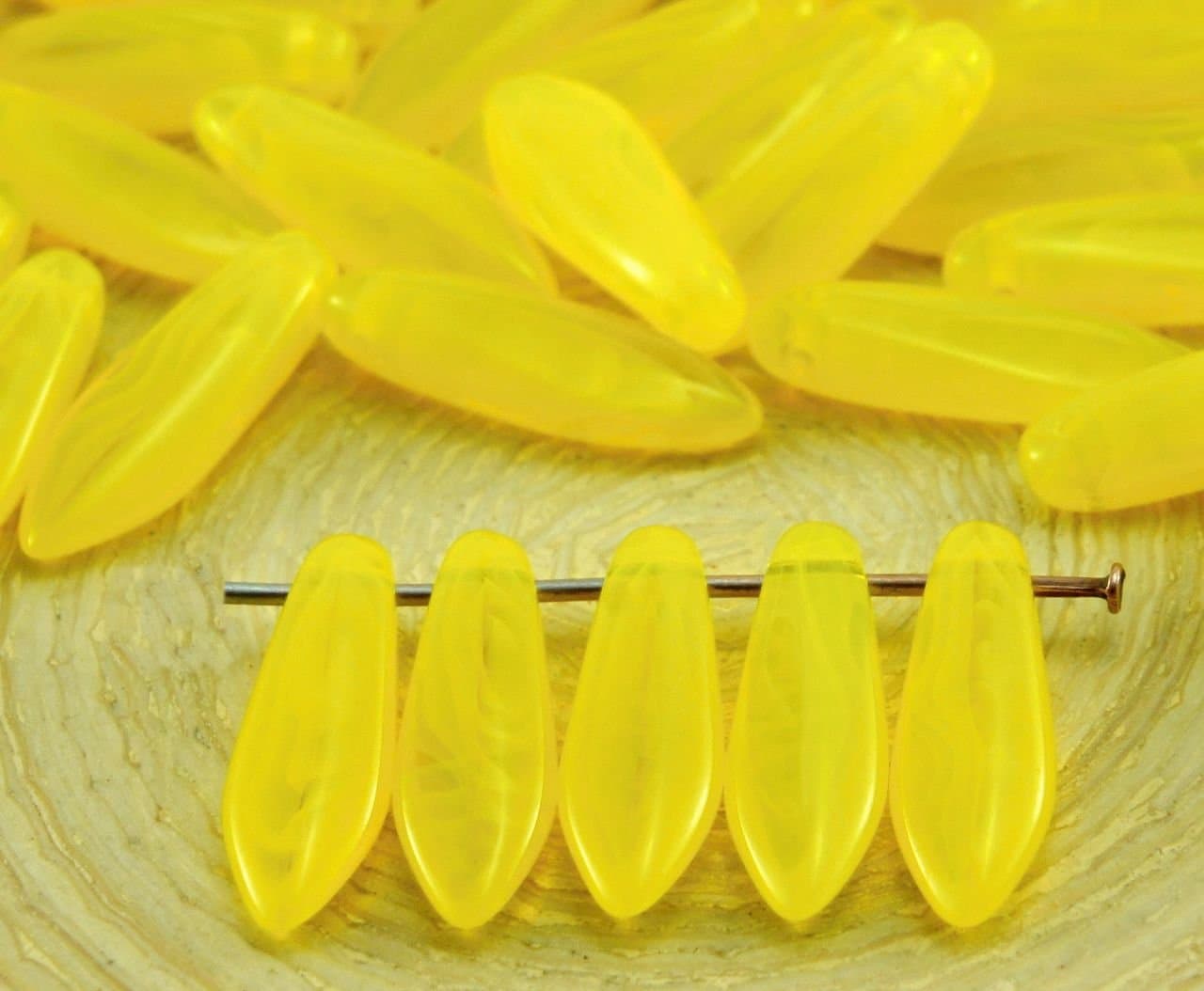 Lemon Yellow Clear Combi Czech Glass Dagger Beads Flat Leaf 5mm x 16mm 30pcs