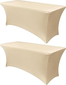 Obstal 8Ft Stretch Spandex Table Cover for Standard Folding Tables - 2 Pack Universal Rectangular Fitted Tablecloth for Party, Banquet, Events, Trade Show (Champagne, 96L x 30W x 30H Inches)
