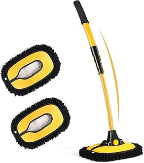 innhom 15°Curve Car Wash Brush, Telescopic Washing Brush, Washing Brush with Telescopic Handle, Car Wash Brush with Long Handle for Cars, Motorhomes, SUVs, Trucks, with 2 x Mop Heads (90° Swivel Head)