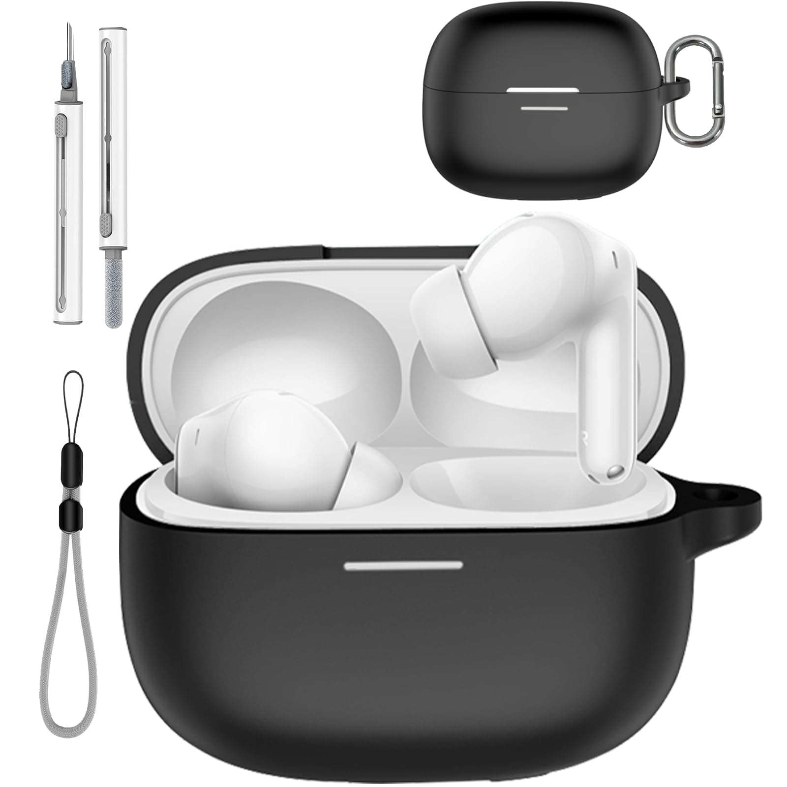 for Redmi Buds 8 Pro/Redmi Buds 6 Pro Case Cover with Cleaner Kit, Soft Skin Silicone Case Cover with Keychain and Lanyard,Full Protective Case for Men and Women-Black