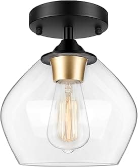 Modern Semi Flush Mount Ceiling Light with Clear Glass Shade, Industrial Close to Ceiling Light, Black Hanging Ceiling Light Fixture for Hallway, Bedroom, Dining Room, Entryway, Foyer