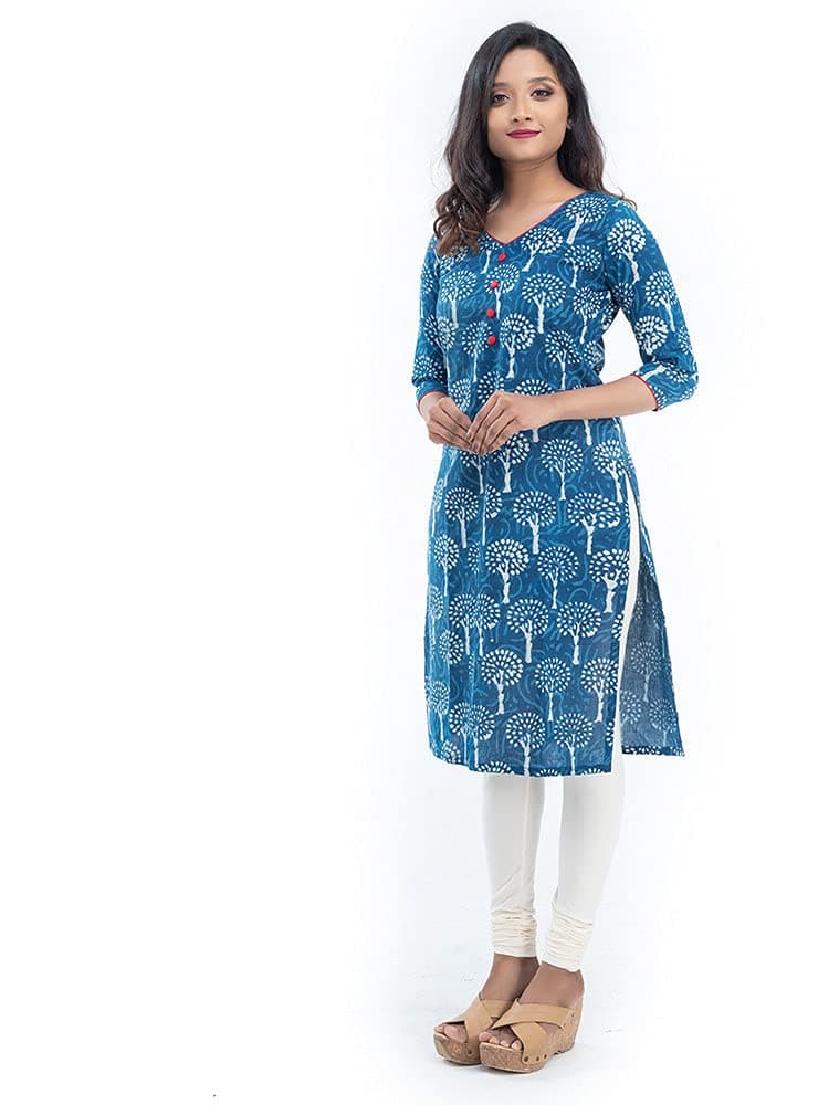 Indigo Dyed Handblock Print Straight Kurta