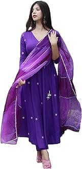 GoSriKi Women's Cotton Blend Anarkali Embroidered Kurta with Pant & Dupatta