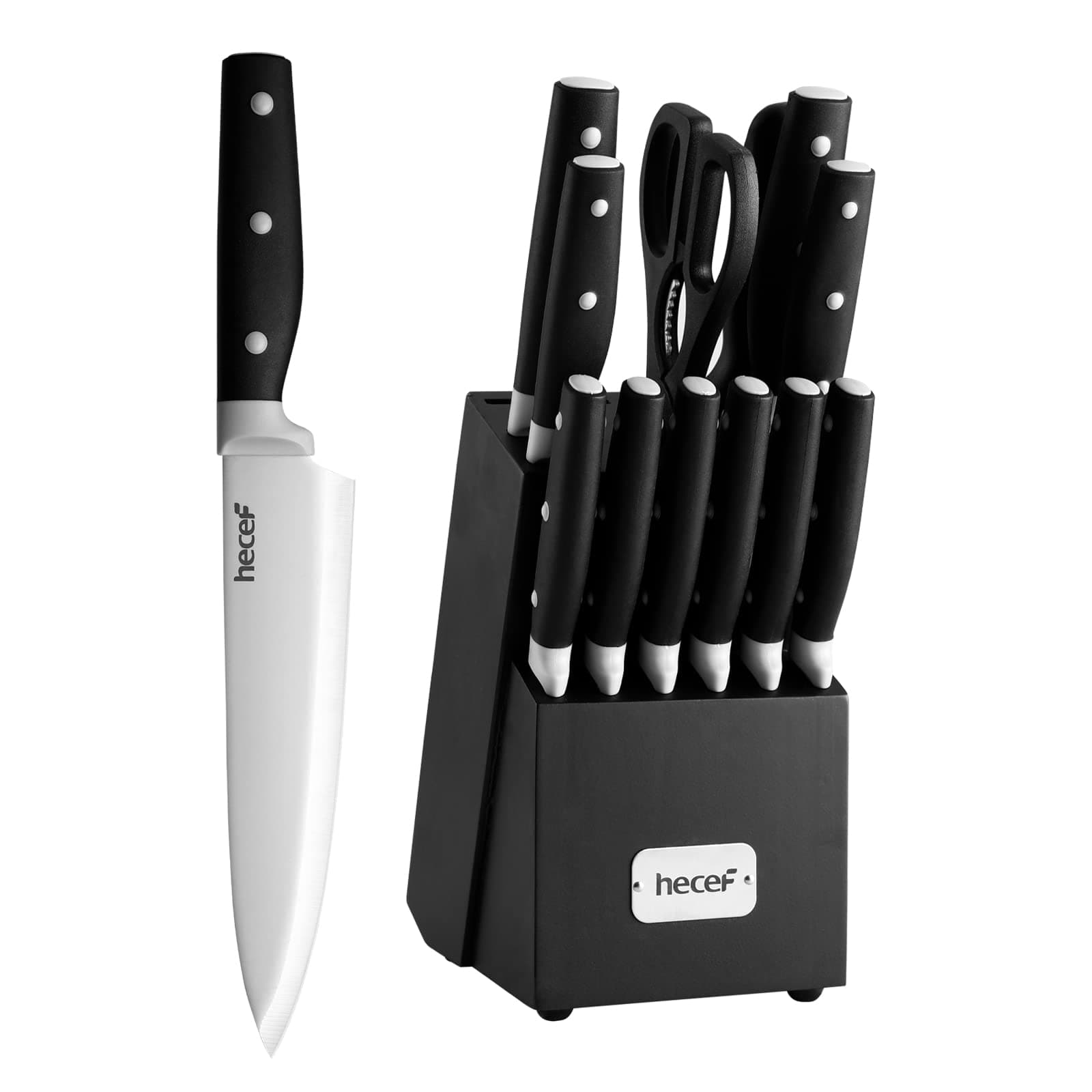Kitchen Knife Block Set, 14 Pieces Knife Set with Wooden Block & Sharpener Steel & All-purpose Scissors, High Carbon Stainless Steel Cutlery Set (Black)