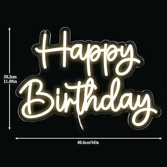 YALLOVE 16 x 11.89 Inch Happy Birthday Neon Sign, White Happy Birthday Neon Light with Battery Case, Adjustable Brightness, Neon Wall Sign Dimmable, Neon Sign for Birthday Party Home Decor