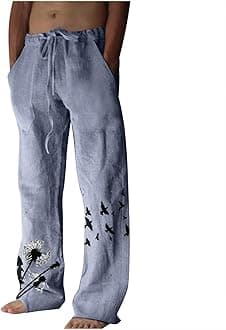 Men's Ethnic Style Printed Sweatpants Linen Vintage Elastic Waist Lace up Casual Pants Loose Fit Hippie Boho Trousers