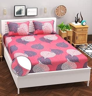 BSB HOME 180 Tc Cotton Feel All Around Elastic Fitted Glace Printed Queensize Double Bed Bedsheet With 2 Large Pillow Covers Fits Upto Mattress Of 8 Inches, Size-60 X 78 + 10 Inches, Light Pink & Grey