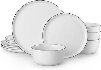 12 Piece Dinner Sets for 6 People, White and Black Rim Porcelain Crockery Set with Plates and Bowls, Premium Ceramic Dinnerware Sets, Microwave and Dishwasher Safe, Lexi Series