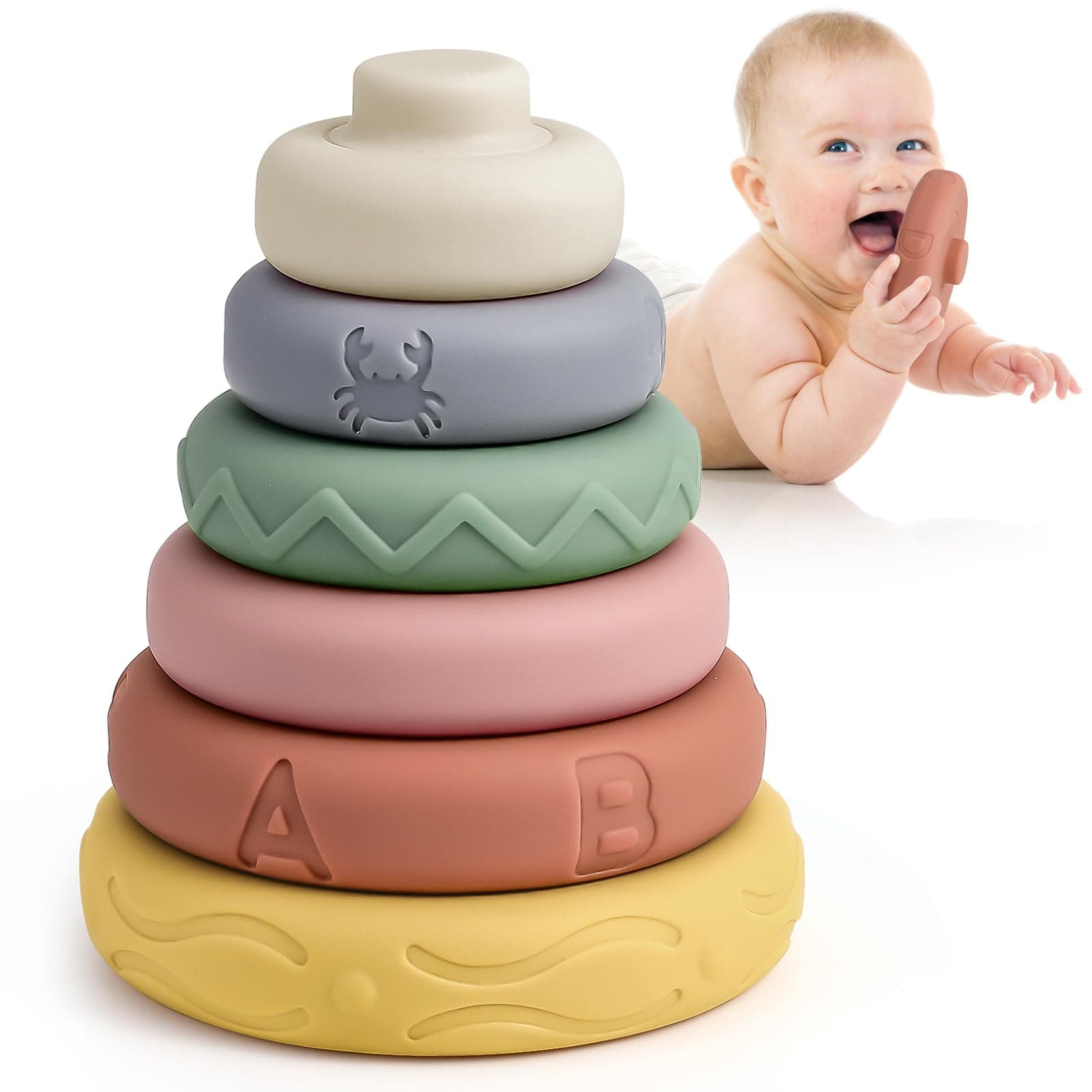 Mini Tudou 6 Pcs Stacking & Nesting Circle Toy 4.7",Soft Building Rings Stacker & Teethers,Squeeze Play with Early Educational Learning Stacking Tower, Toy for 6+ Months Boys&Girls