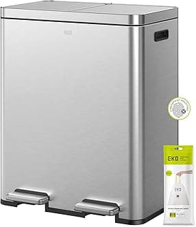 EKO Edison 60L Dual Rubbish Bin, 2×30L Large Capacity Kitchen Pedal Recycling Bin with Soft-Close Lids, Removable Buckets, Fingerprint-Resistant Stainless Steel Bin for Waste and Recycling