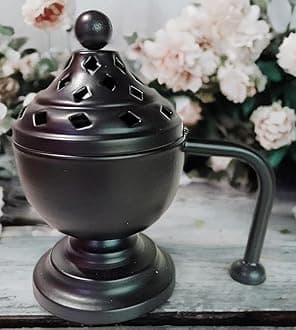 Heaven Decor Loban Burner with Wooden Handle, Black Metal Sambrani Dhoop Burner for Home Temple Office
