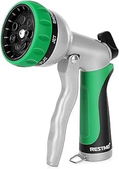 - RESTMO Garden Hose Nozzle, Heavy Duty Metal Water Hose Nozzle with 7 Adjustable Spray Patterns, High Pressure Hand Sprayer with Flow Control for Watering Plants & Lawns, Washing Cars & Pets