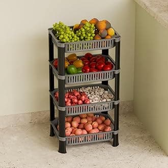 Multipurpose Plastic Storage Rack for Kitchen, Onion Potato Sabji, Fruit Corner Storage Stand Basket, Folding Rack, Countertop Kitchen Organizer Cart, Trolley Rack (4 Layer, Silver)