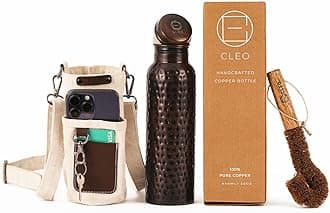 Hammered Copper Bottle Yoga Ayurvedic Water Bottle, Leak-Proof Copper Vessel Cleaning Brush and Canvas Bag, Joint-Free 100% Pure Copper Water Bottle for Drinking, Thermos, 32 Oz Blac