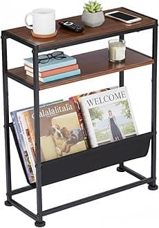 Narrow End Table for Small Spaces - Slim Side Table with Magazine Holder,2 in 1 Design Narrow Coffee Table Living Room,Skinny Bedroom Nightstand Thin Side Magazine Table,Dark Cherry