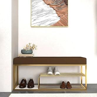 End of Bed Bench-Upholstered Entry Shoe Storage with Nailhead Trim,Black Mental Frame Ottoman Bench for Bedroom Entry Window Mudroom Living Room (Brown Gold)