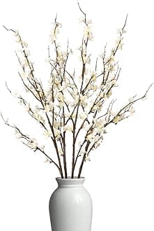 Ammyoo 4Pcs Cherry Blossom Branches Artificial Flowers for Spring Summer Indoor Decoration,Faux Long Stem Artificial Flowers for Wedding Home Office Bedroom Party Table Centerpieces Decor(White)