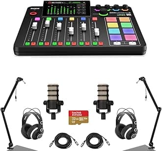 Rode RODECaster Pro II Integrated Audio Production Studio Console Bundle with 2x PodMic Microphone, 2x TAPH500 Headphones, 2x Broadcast Arm, 2x M to F XLR Cable, 32BG microSD Card