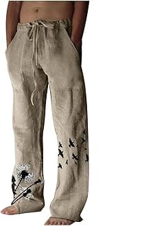 Men's Ethnic Style Printed Sweatpants Linen Vintage Elastic Waist Lace up Casual Pants Loose Fit Hippie Boho Trousers