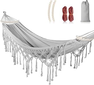 MOSFiATA Backyard Hammock with Tassels Max 500lbs Canvas Fabric Bohemian Style with Thickened Rope and Carry Bag for Outdoor, Garden, Patio, Wedding Decor (Gray)