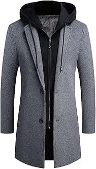 PRIJOUHE Men's Wool Coat Hoodie Long Trench Coat Cotton Casual Woollen Overcoat Jacket
