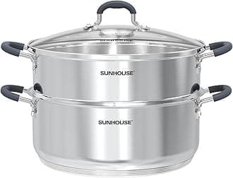 SUNHOUSE - 5.5 Quart Steamer Pots With Lid 2-Tier Multipurpose Stainless Steel Steaming Pot Cookware With Handle For Vegetable, Dumpling, Sauce, Food - Triple Bottom, Measurement Line