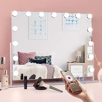 Vanity Mirror with Lights and Speaker, 360 Degree Rotating Hollywood Lighted Makeup Mirror with 15 Dimmable LED Bulbs for Dressing Room and Bedroom (White)