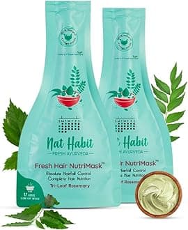 Nat Habit - Back To Natural Secrets Everyday Tri-Leaf Fresh Hair Mask Hairfall Control & Hair Smoothening For Dry, Frizzy Hair Treatment, Neem, Hibiscus, Curry, Castor, Coconut, 40g (Pack Of 2)