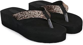 Doctor Walk Women's Platform Flip Flops with Glitter Straps, Black, Wedge Thong Sandals Slipper