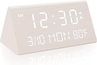 Wooden Digital Alarm Clock, 0-100% Dimmer, 2 Alarm Settings, Weekday/Everyday Mode, 9 Mins Snooze, 12/24H, Temperature and Date Display for Office, Travel, Bedroom Alarm Clock (White)