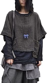 Women Early Autumn Short Outerwear Thick Yarn-Dyed Short Sleeve Linen Tops Retro Pullover with Pockets