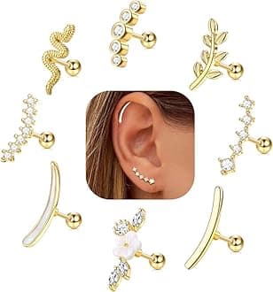 FIBO STEEL 8 PCS 16G Cartilage Earrings Helix Piercing Jewelry for Women Stainless Steel Opal CZ Conch Daith Tragus Piercing Jewelry Flower Snake Leaf Screw Back Stud Earrings Set
