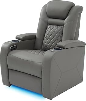 Home Theater Seating, Classic Series Leather Movie Theater Chairs, Power Headrest and Memory with C-Type USB Charger, 7Color Ambient Lighting and Tray Table, Gray Power Adjustable Recliner(Row of 1)
