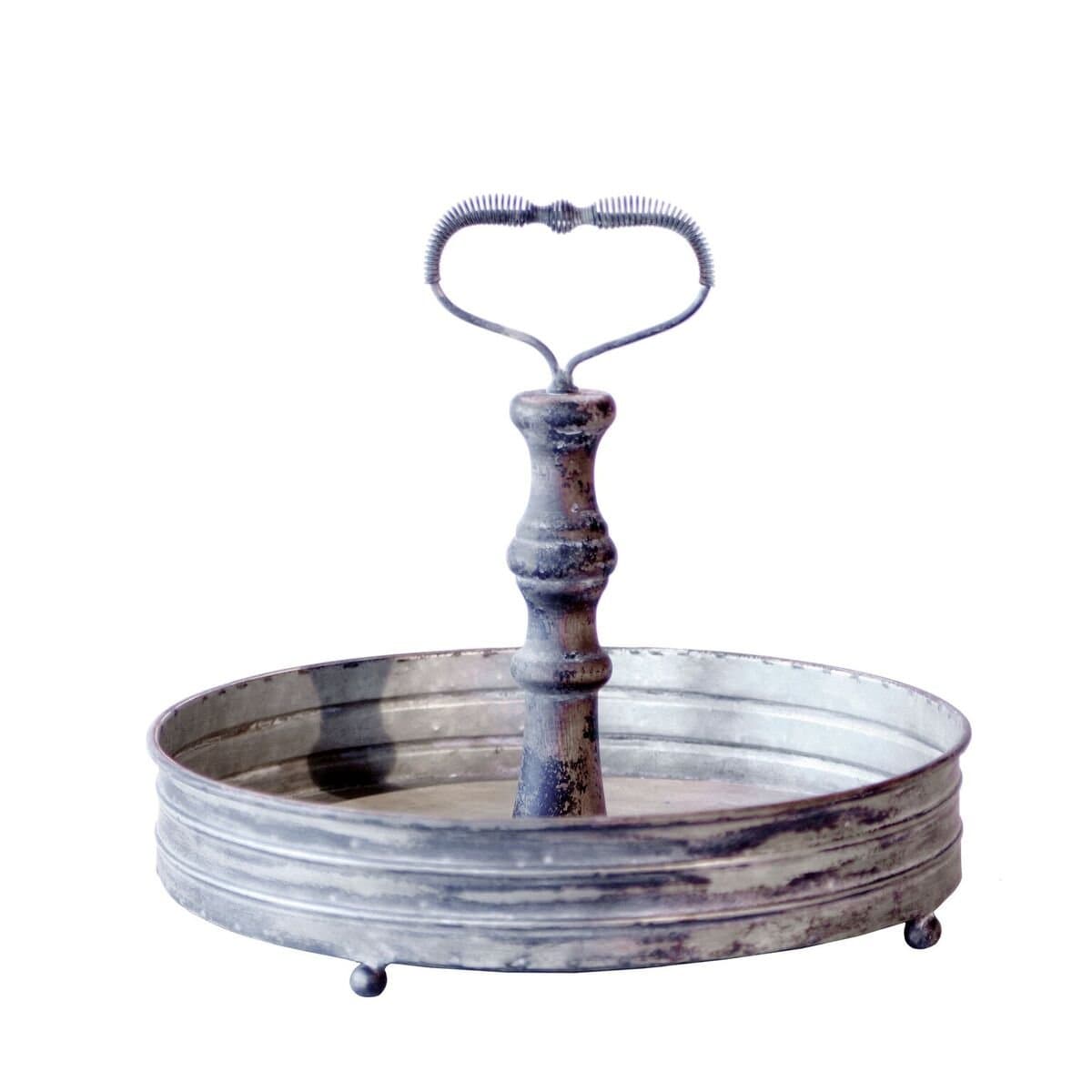 VIPSSCI Round Rustic Metal Footed Decorative Tray with Handle