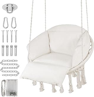 ZENPETIO Hanging Chair, Macrame Hammock Hanging Swinging Chair with Oversized Cushion & Mounting Hardware, Handwoven Swing Chair for Bedroom, Patio, Balcony, Garden, Living Room, Max 350 Lbs, Beige