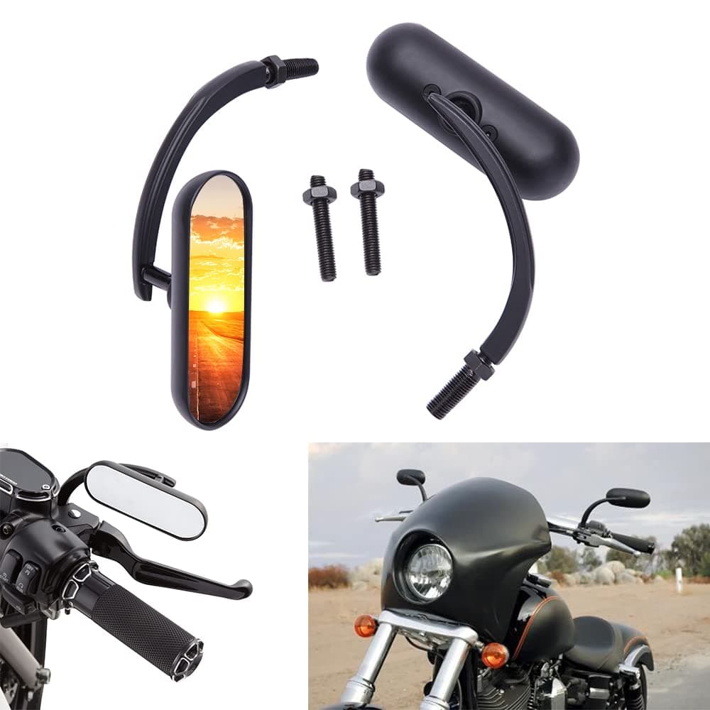 DREAMIZER Motorcycle Mirrors for Handlebars - Universal 8MM 10MM Side Mirror for Street Bike Bobber Cafe Racer Touring Cruiser (Oval-Black)