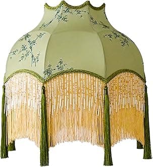 XB'ANG Bamboo Lampshade With Tassels,Retro Green Plants Jacquard Lamp For Table Floor Wall lamp 5.5x12.2x7.8inch,Hand Craft Lamp Cover