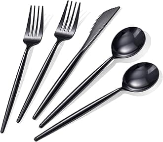 Rubtlamp 90Pcs Plastic Black Silverware, Graduation Disposable Cutlery, Utensils Heavy Duty include 30 Disposable Knives,60 plastic Forks and Spoons, Black Cutlery For Graduation Party