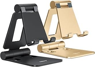 Nulaxy 2 Pack Dual Folding Cell Phone Stand, Fully Adjustable Foldable Desktop Phone Holder Cradle Dock Compatible with Phone 16 15 14 13 12 Pro Xs Xs Max Xr, All Phones, Black&Gold