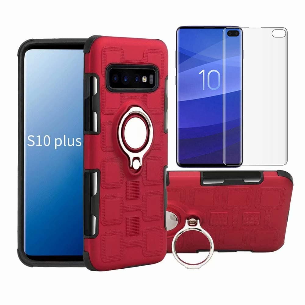 I VIKKLY Galaxy S10+ Plus Case with HD Screen Protector, Dual Layer Shockproof Case with 360 Degree Rotating Ring Holder Kickstand Fit Magnetic Car Mount for Samsung Galaxy S10 Plus 2019 (Red)