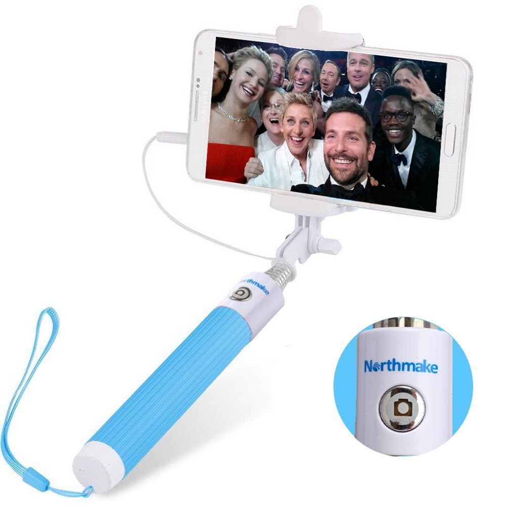 Selfie Stick, Northmake Monopod Ultra Compact Foldable Extendable Handled Stick with Adjustable Phone Holder Mount & Built-in Remote Shutter Designed for iPhone & Android Smartphones (Blue)