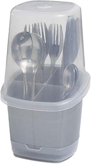 CELESTE HOME PRODUCT Toledo Cutlery holder with cover, Plastic Cutlery Storage Organizer for Kitchen Cabinet or Pantry - Basket Organizer for Forks, Knives and Spoons. With cover. Silver